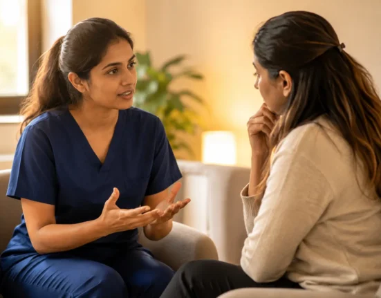 Nurse in navy blue scrubs having a supportive discussion with a mentor about postpartum depression in a warm, private consultation setting.