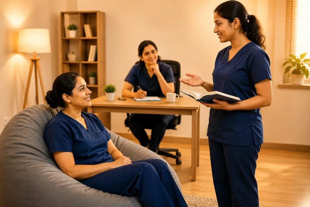 Happy nurse seated on a bean bag while another nurse in navy blue scrubs holds a book and discusses PQRST pain assessment, with a female mentor observing in the background during NMC OSCE training
