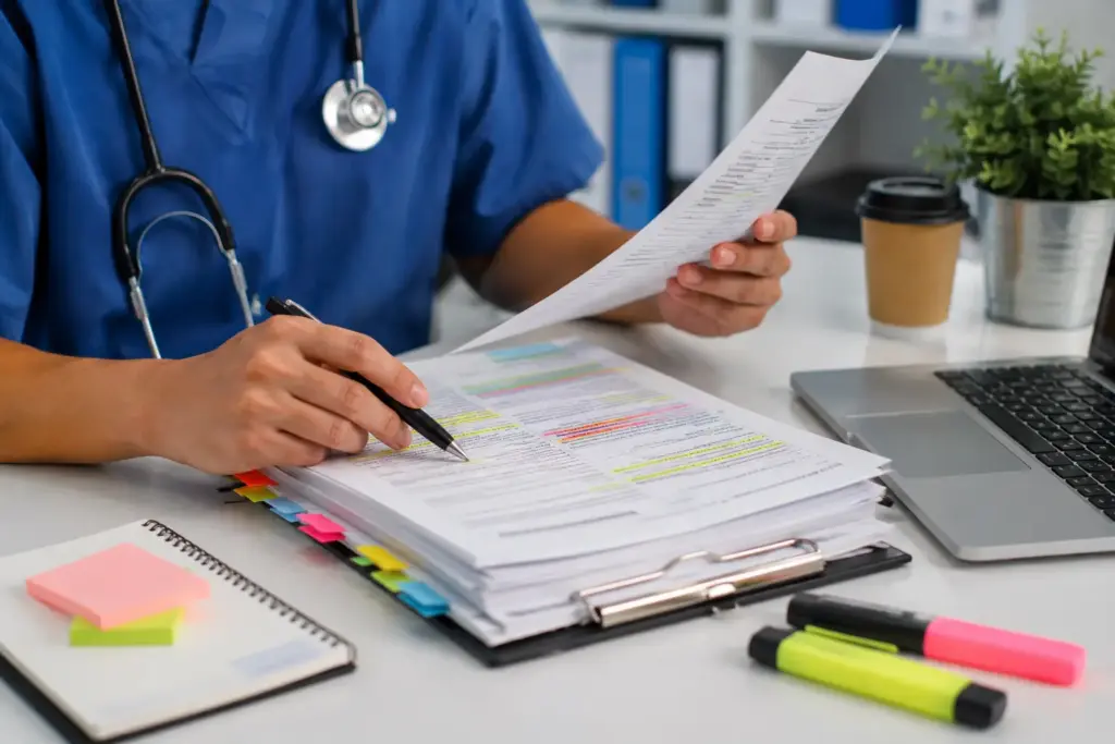 Healthcare professional reviewing and selecting relevant patient case notes for OET Writing.