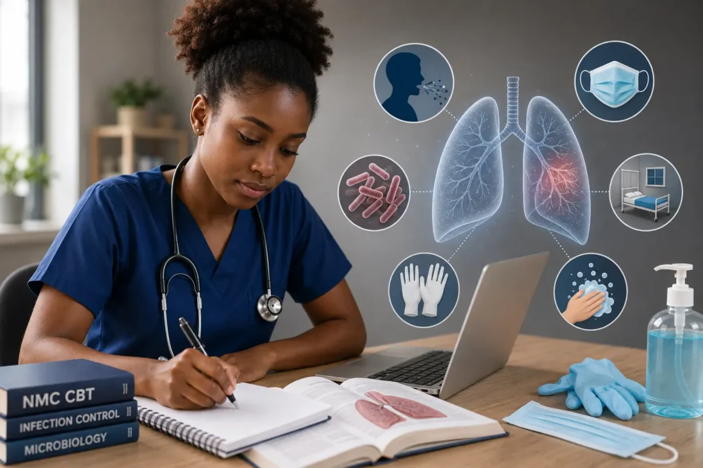 A nurse studying NMC CBT infection control with tuberculosis lung illustration