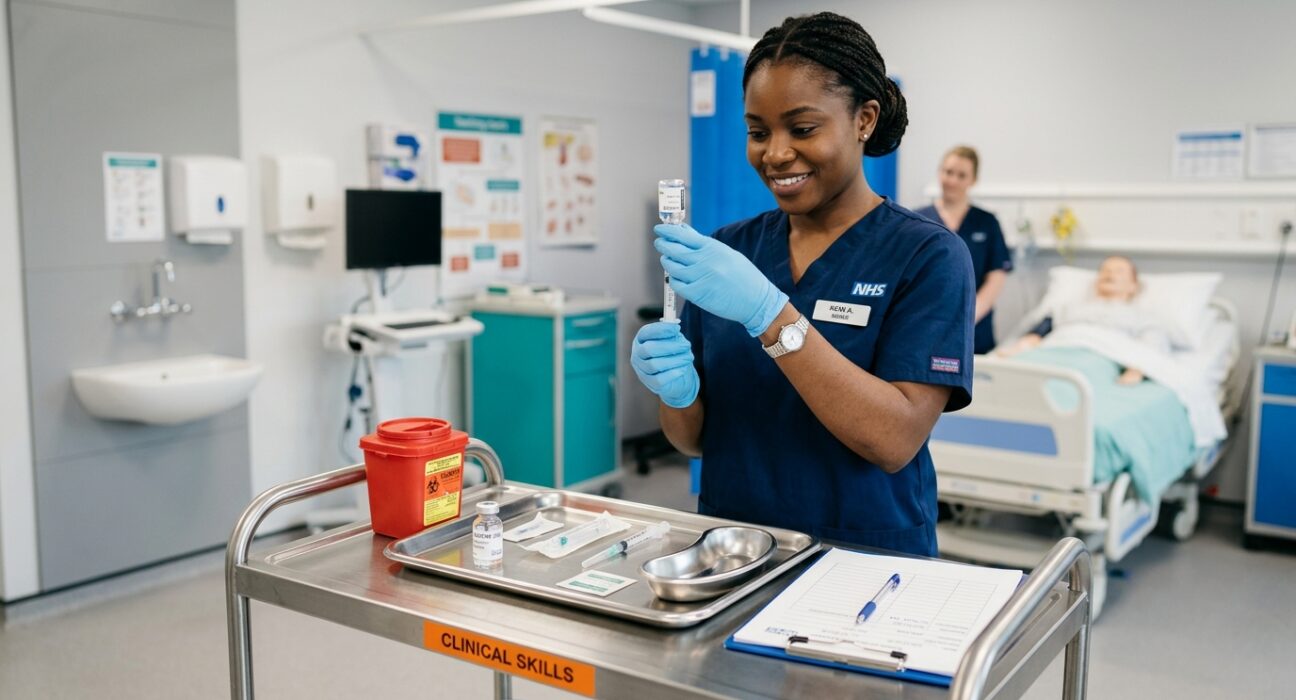 Nurse preparing medication in a clinical skills training setting with a medical trolley.