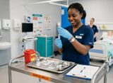 Nurse preparing medication in a clinical skills training setting with a medical trolley.