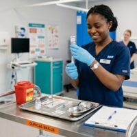 Nurse preparing medication in a clinical skills training setting with a medical trolley.