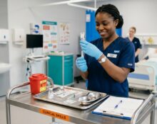 Nurse preparing medication in a clinical skills training setting with a medical trolley.