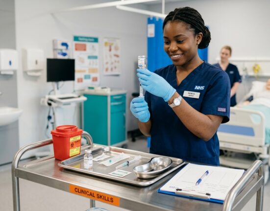 Nurse preparing medication in a clinical skills training setting with a medical trolley.