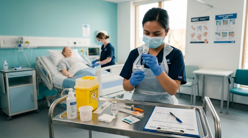 Nurse preparing medication on a clinical trolley beside a patient in a hospital room.
