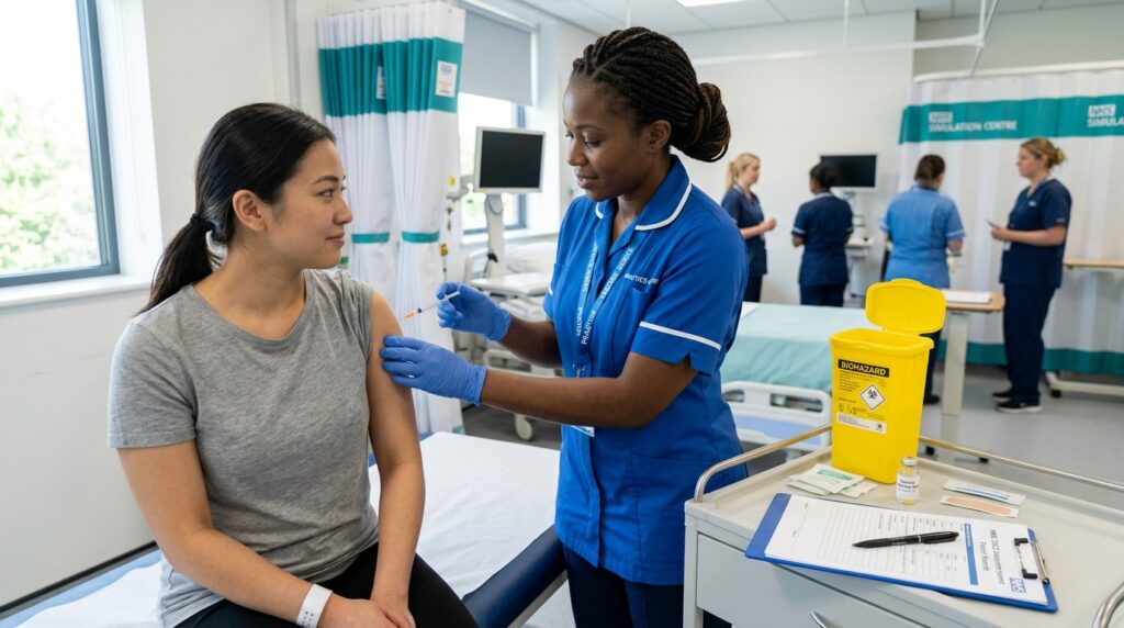 Nurse administering a vaccination to a patient in a clinical setting.
