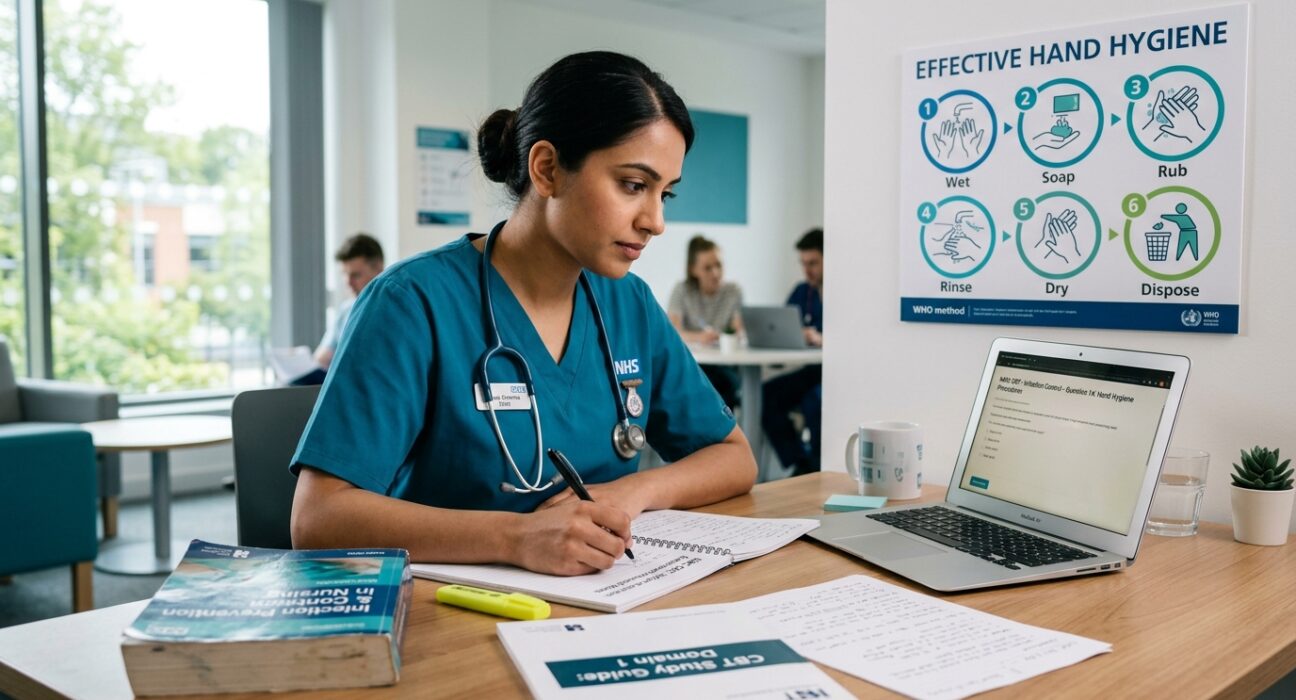 Nurse following standard infection control precautions while completing clinical documentation in a healthcare setting