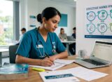 Nurse following standard infection control precautions while completing clinical documentation in a healthcare setting