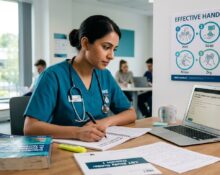 Nurse following standard infection control precautions while completing clinical documentation in a healthcare setting