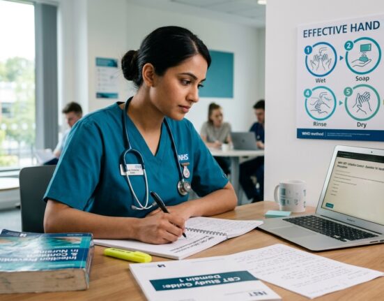 Nurse following standard infection control precautions while completing clinical documentation in a healthcare setting