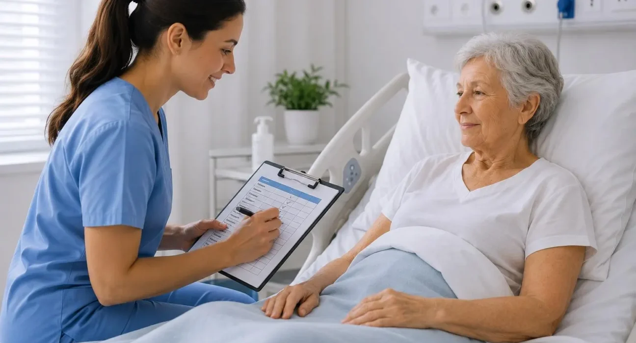 Nurse completing a patient assessment chart during an NMC OSCE assessment