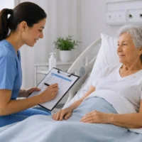 Nurse completing a patient assessment chart during an NMC OSCE assessment