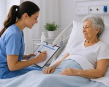 Nurse completing a patient assessment chart during an NMC OSCE assessment