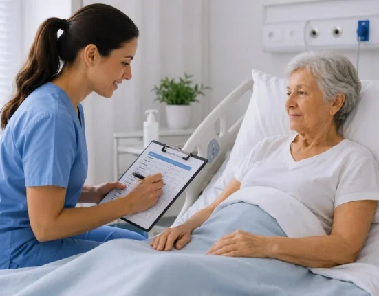 Nurse completing a patient assessment chart during an NMC OSCE assessment