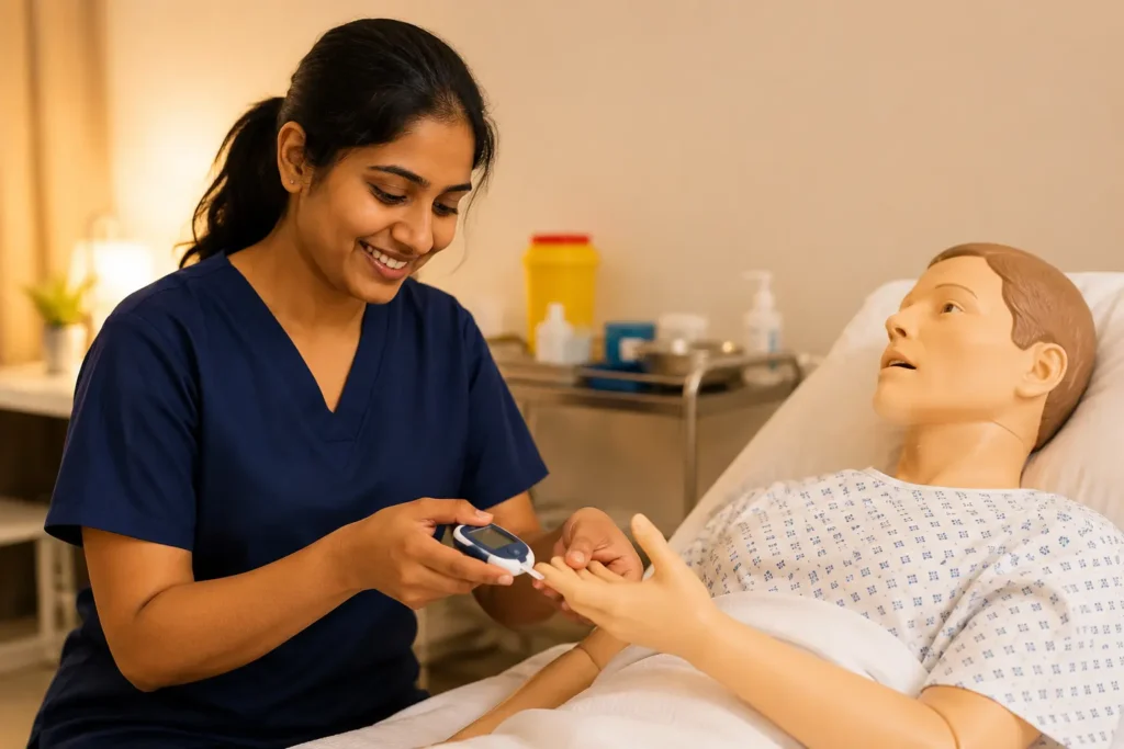 Happy nurse in navy blue scrubs performing blood glucose monitoring on a clinical training mannequin in a warm hospital simulation setting.