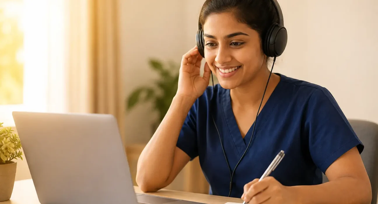 Happy nurse in navy blue scrubs practicing OET Listening with headphones while taking notes on a laptop in a warm, quiet study space.