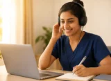 Happy nurse in navy blue scrubs practicing OET Listening with headphones while taking notes on a laptop in a warm, quiet study space.