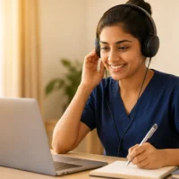 Happy nurse in navy blue scrubs practicing OET Listening with headphones while taking notes on a laptop in a warm, quiet study space.