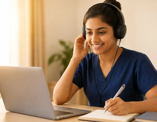 Happy nurse in navy blue scrubs practicing OET Listening with headphones while taking notes on a laptop in a warm, quiet study space.