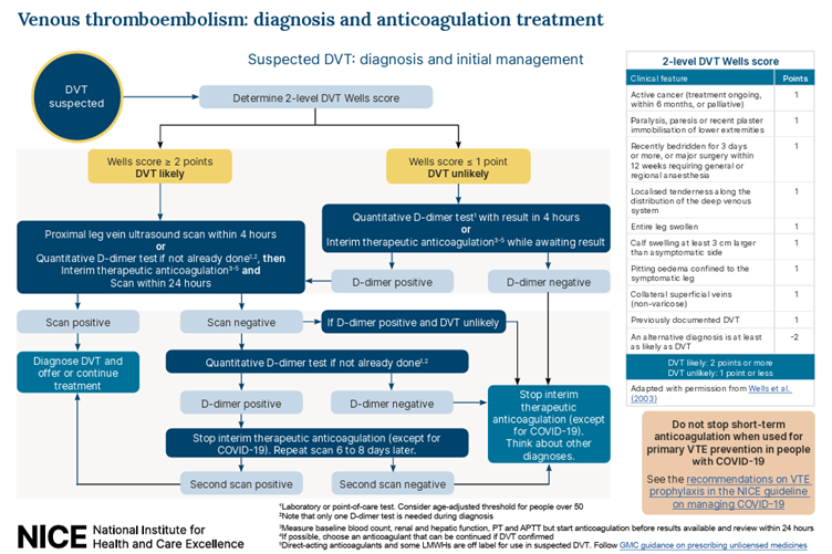 2-Level Wells Score chart for suspected deep vein thrombosis (DVT) diagnosis and treatment.