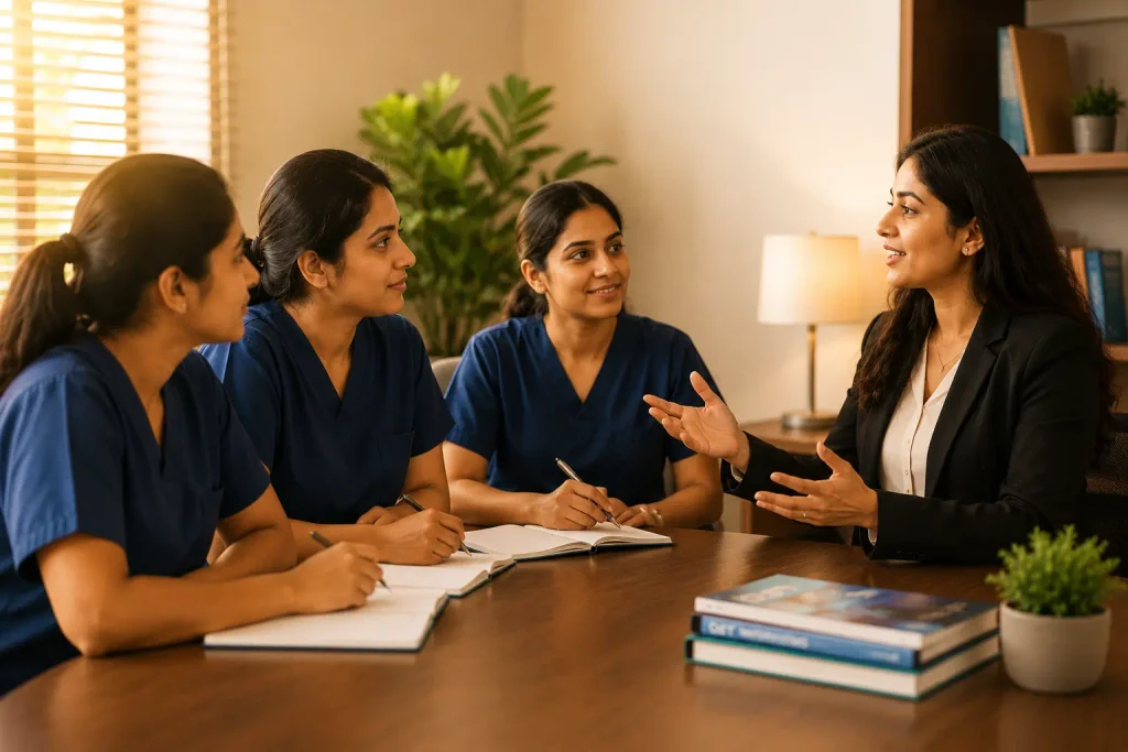 OET mentor explaining a lesson to three nurses in navy blue scrubs during a warm and interactive training session.
