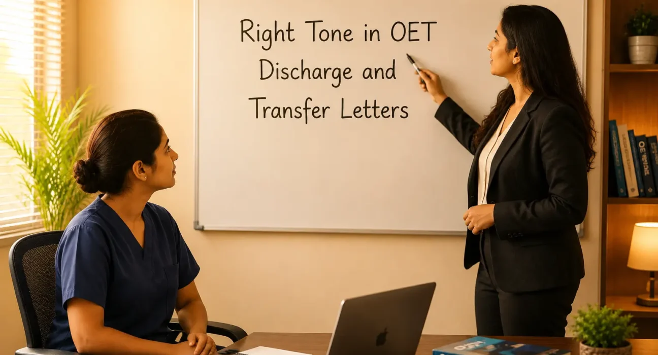 OET mentor pointing at a whiteboard while a nurse in navy blue scrubs learns the right tone for discharge and transfer letters.