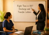 OET mentor pointing at a whiteboard while a nurse in navy blue scrubs learns the right tone for discharge and transfer letters.