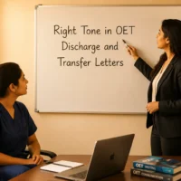 OET mentor pointing at a whiteboard while a nurse in navy blue scrubs learns the right tone for discharge and transfer letters.