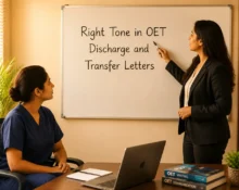 OET mentor pointing at a whiteboard while a nurse in navy blue scrubs learns the right tone for discharge and transfer letters.