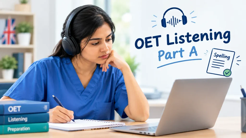 OET Listening Part A spelling practice with a nurse wearing headphones and studying at a laptop.