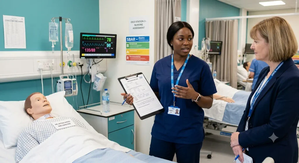 A medium shot shows an international nurse in dark blue NHS scrubs delivering an SBAR handover during an NMC OSCE exam in a UK simulation ward. She stands on the right, holding a metal clipboard with written observations, gesturing with her left hand while speaking confidently. Opposite her, an OSCE assessor in a navy jacket and blue lanyard marked "OSCE Assessor" listens intently, pen in hand.
