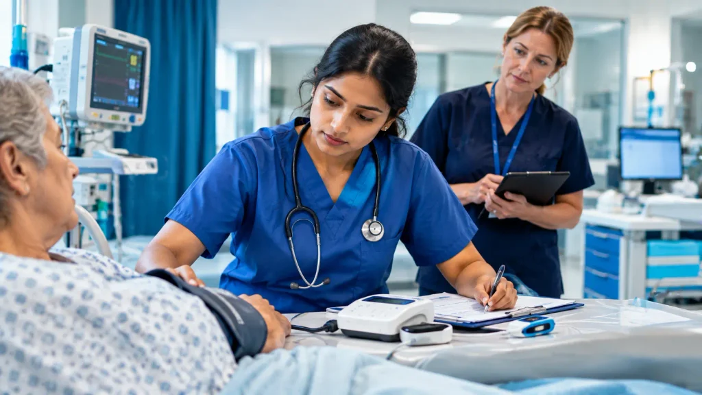 International nurse assessing a patient and checking vital signs during NMC CBT clinical preparation.