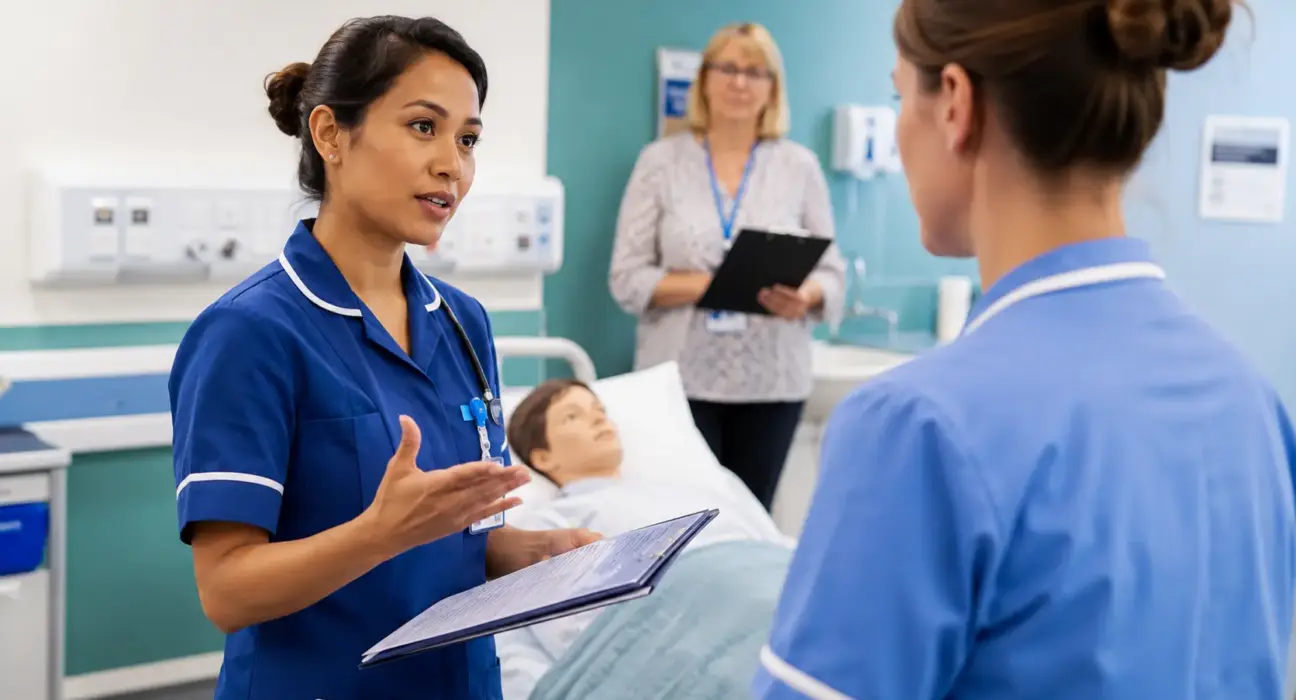 International nurse performing an SBAR handover during an NMC OSCE evaluation in a UK clinical simulation room