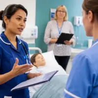 International nurse performing an SBAR handover during an NMC OSCE evaluation in a UK clinical simulation room