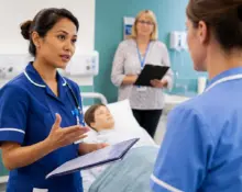 International nurse performing an SBAR handover during an NMC OSCE evaluation in a UK clinical simulation room