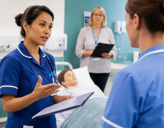 International nurse performing an SBAR handover during an NMC OSCE evaluation in a UK clinical simulation room
