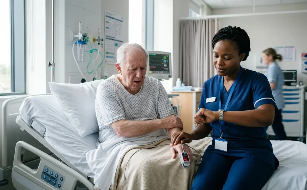A female nurse in blue scrubs sits on a modern hospital bed beside an elderly male patient in a white pattern gown. The patient is sitting upright, leaning forward with his arms supported, appearing mildly breathless. The nurse calmly checks her wristwatch while observing his breathing, with a pulse oximeter attached to the patient's finger. The background shows a clean, bright UK hospital ward illuminated by natural light from a window.