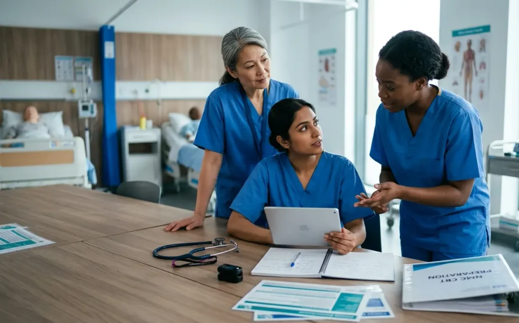 Three nurses in blue scrubs collaborating around a table in a clinical training room, discussing notes on a tablet and NMC/OET exam preparation materials.
