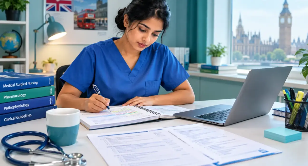 International nurse preparing for NMC CBT exam with medical notes and clinical questions