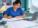 International nurse preparing for NMC CBT exam with medical notes and clinical questions