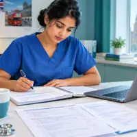 International nurse preparing for NMC CBT exam with medical notes and clinical questions