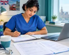 International nurse preparing for NMC CBT exam with medical notes and clinical questions