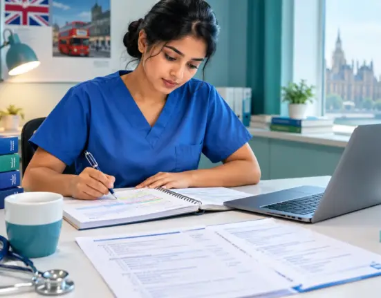 International nurse preparing for NMC CBT exam with medical notes and clinical questions