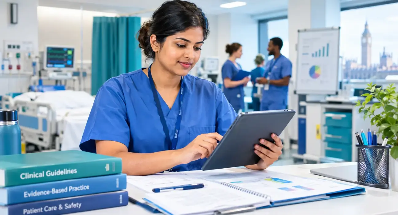 International nurse reviewing clinical standards and patient care data on a tablet in a UK hospital training environment.