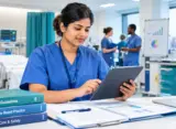 International nurse reviewing clinical standards and patient care data on a tablet in a UK hospital training environment.