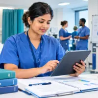 International nurse reviewing clinical standards and patient care data on a tablet in a UK hospital training environment.