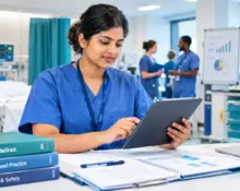 International nurse reviewing clinical standards and patient care data on a tablet in a UK hospital training environment.