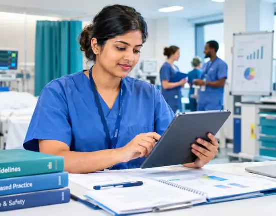 International nurse reviewing clinical standards and patient care data on a tablet in a UK hospital training environment.