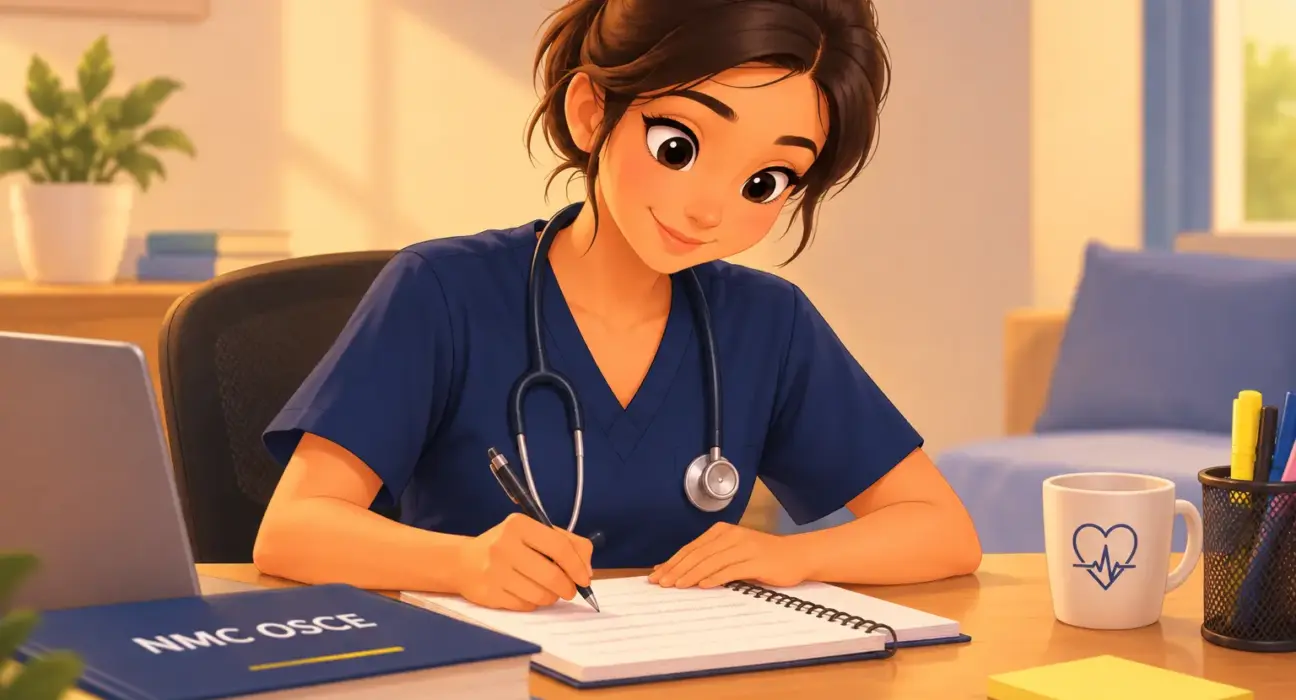 A cartoon-style nurse in blue scrubs with a stethoscope studying at a desk, writing in a notebook beside a laptop and medical books. Caption